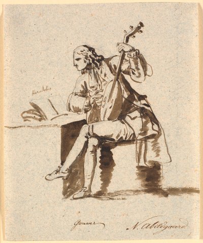 De Engelse dichter Gower zittend met een luit aan een tafel waarop Herodotus open ligt door Nicolai Abildgaard