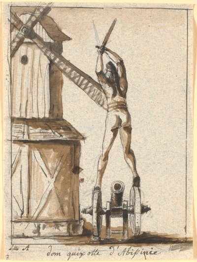 Don Quichot, staande op een kanon, met zwaard geheven tegen een molenwiek door Nicolai Abildgaard