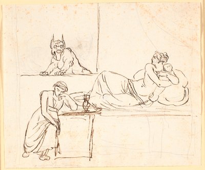 Een vrouw die met een baby op een bed ligt, ziet een monster verschijnen in het raam. Aan het voeteneinde van het bed zit een slapende vrouw door Nicolai Abildgaard