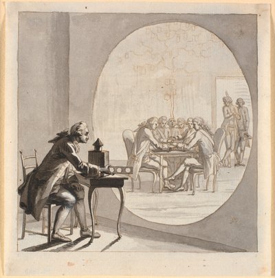 Een man met een toverlantaarn toont een afbeelding van de geheime staatsraad door Nicolai Abildgaard