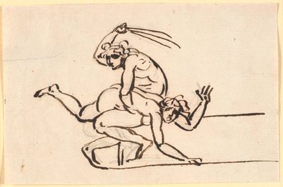 Een zittend naakt figuur die een roede zwaait naar de billen van een naakte vrouw door Nicolai Abildgaard