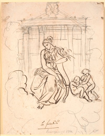 Godin van de vruchtbaarheid, zittend voor de Janustempel met een paar spelende kinderen door Nicolai Abildgaard
