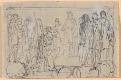 Compositieontwerp; een koning, omringd door krijgers op een tingplaats, geeft een man het ridderzwaard door Nicolai Abildgaard