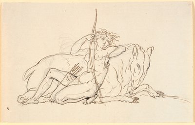 Vrouwelijk figuur met pijlen en koker, zittend leunend tegen een fantasiedier (mogelijk een miereneter). Allegorie op Amerika door Nicolai Abildgaard