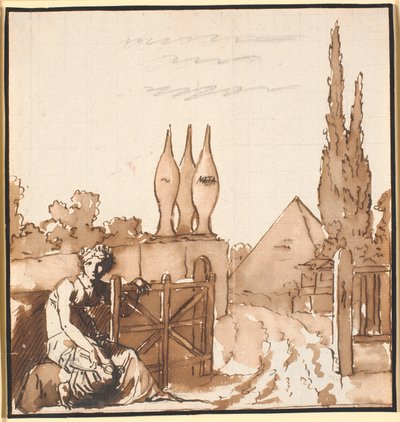Het doel van het leven. Allegorische tekening. Een vrouw opent de poort naar een kerkhof met een obelisk en piramide door Nicolai Abildgaard