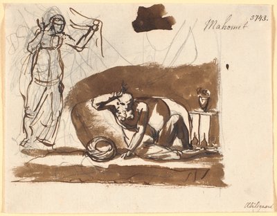 Muhamed, zittend tussen kussens, links een vrouwenfiguur door Nicolai Abildgaard