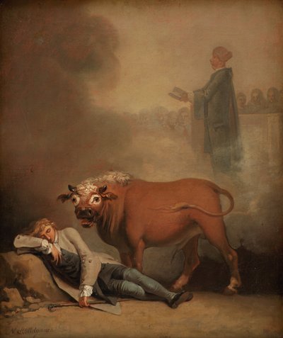 Niels Klim denkt dat hij de diaken hoort wanneer hij wordt gewekt door een stier door Nicolai Abildgaard