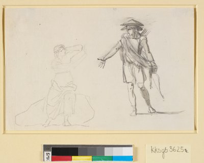 Scène tussen twee figuren. Links een zittende vrouw met ontbloot bovenlijf, rechts een lopende man met boog en pijlenkoker door Nicolai Abildgaard