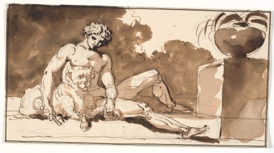 Zittende naakte man met een sleutel in de hand, een poedel en rechts een agave door Nicolai Abildgaard
