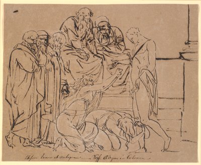 Theseus wordt gesmeekt door Ismene en Antigone. Na Sophokles door Nicolai Abildgaard