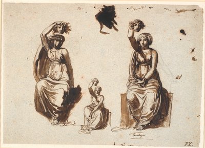 Drie studies voor een allegorische zittende vrouwenfiguur met een opgetild Medusahoofd in de rechterhand door Nicolai Abildgaard