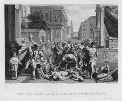 De val van Dagon, I Samuel V, 4 (gravure) door Nicolas (after) Poussin