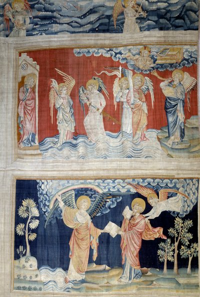Wandkleed van de Openbaring (1373-1383), nr. 25: de zesde trompet, de engelen van de Eufraat. Onder, nr. 28, de Engel overhandigt het boek aan Sint Jan die het opeet door Nicolas Bataille