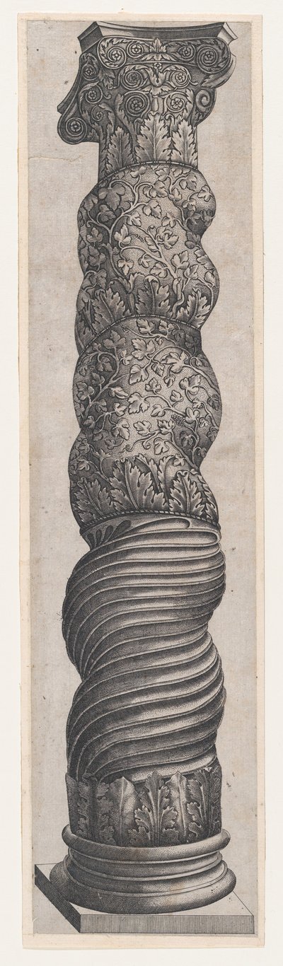 Speculum Romanae Magnificentiae: Groteske kronkelende zuil in St. Pieter, 16e eeuw door Nicolas Beatrizet