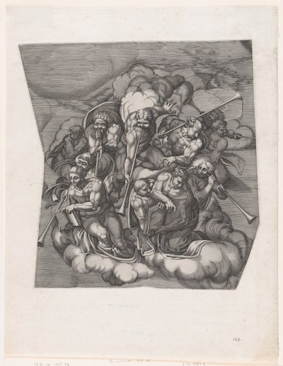 Trompetterende engelen uit Het Laatste Oordeel, naar Michelangelo, 1530-66 door Nicolas Beatrizet