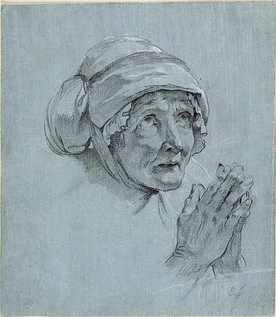 Studie van het hoofd en de handen van een oude vrouw die omhoog kijkt door Nicolas Bernard Lepicie