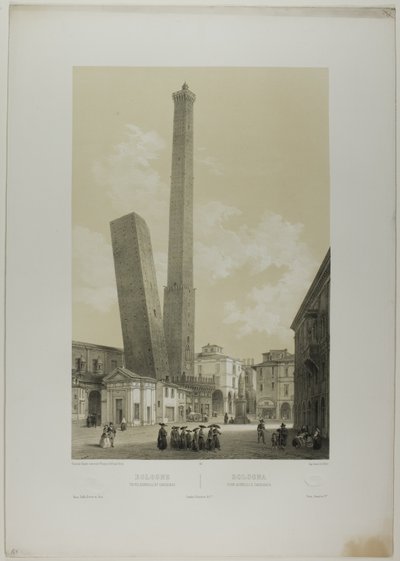 Bologna: De torens van Asinelli en Garisenda, plaat 40 uit Italie Monumentale et Pittoresque door Nicolas Chapuy