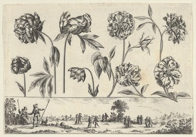 Horizontaal paneel met een rij bloemen boven een fries met figuren in een landschap, 1645 door Nicolas Cochin