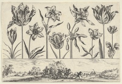 Horizontaal paneel met een rij bloemen boven een fries met een gevechtsscène in een landschap door Nicolas Cochin