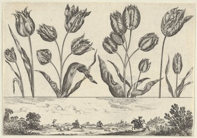 Horizontaal paneel met een rij bloemen boven een fries met een jachtscène in een landschap, 1645 door Nicolas Cochin
