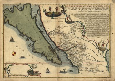 La Californie ou Nouvelle Caroline - theater van de werken, Apostolische werken van de Compa. e Jesus in America Septe. LOC 96686640 door Nicolas de Fer