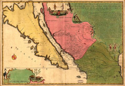 La Californie ou Nouvelle Caroline - theater van de werken, Apostolische werken van de Compa. e Jesus in America Septe. LOC 98687119 door Nicolas de Fer