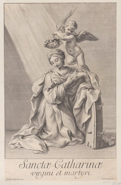 Sint Catharina van Alexandrië, knielend met haar elleboog rustend op het spijkerwiel door Nicolas Dorigny