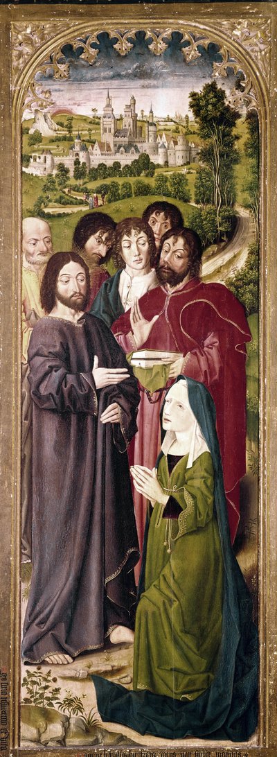 De opstanding van Lazarus: Martha voor Christus (detail van het linker paneel) door Nicolas Froment