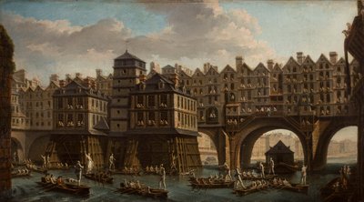 Zeelieden die steekspelen, tussen de Pont Notre Dame en de Pont-Au-Change, Parijs, 1756 door Nicolas Jean Baptiste Raguenet