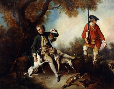 La Halte de Chasseurs: Een jager die een wildvogel vasthoudt en rust bij een boom, zijn dienaar en honden in de buurt door Nicolas Lancret