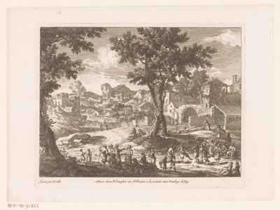 Landschap met groep dansende en pratende mensen door Nicolas Perelle