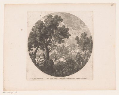 Landschap met wandelaars en figuur op lastdier door Nicolas Perelle
