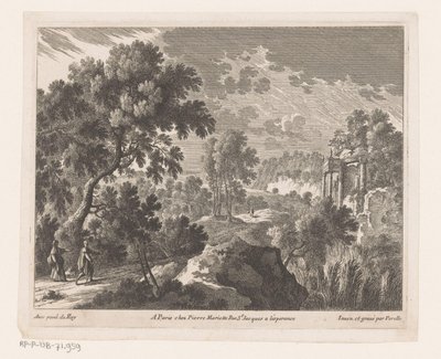 Landschap met wandelende man en vrouw bij ruïne door Nicolas Perelle