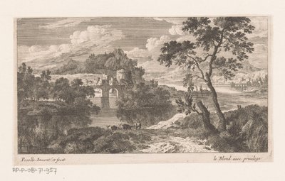 Rivierlandschap met brug met twee bogen door Nicolas Perelle