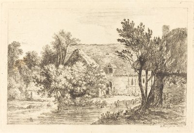 Een Huis en een Schaduwrijk Huisje aan de Oever van een Rivier door Nicolas Perignon