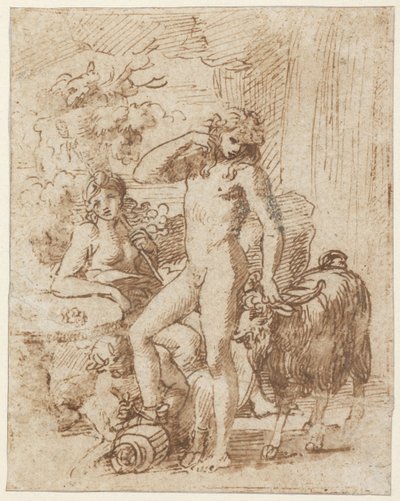 Bacchus en Erigone (pen en inkt met was op papier) door Nicolas Poussin
