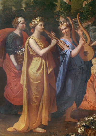Hymenaios vermomd als vrouw tijdens een offer aan Priapus, detail van de muzikanten, c.1634-38 door Nicolas Poussin