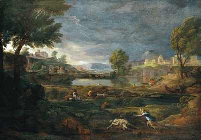 Landschap tijdens een onweersbui met Pyramus en Thisbe door Nicolas Poussin