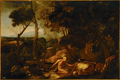 Landschap met de heilige Hiëronymus ... (schilderij op doek) door Nicolas Poussin