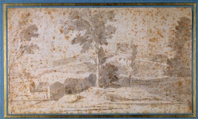 Landschap met een grote boom in het midden en een belvedère door Nicolas Poussin