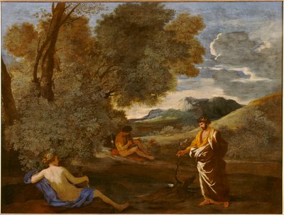 Midas verandert een tak van een steeneik in goud, vroeger bekend als Numa Pompilius en de nimf Egeria door Nicolas Poussin