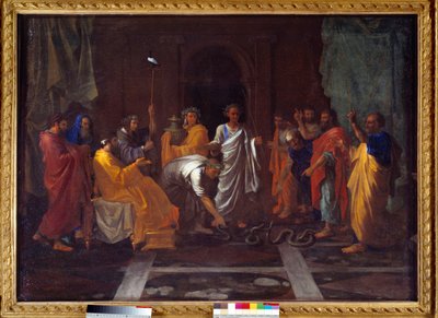 Mozes verandert Aarons staf in een slang door Nicolas Poussin