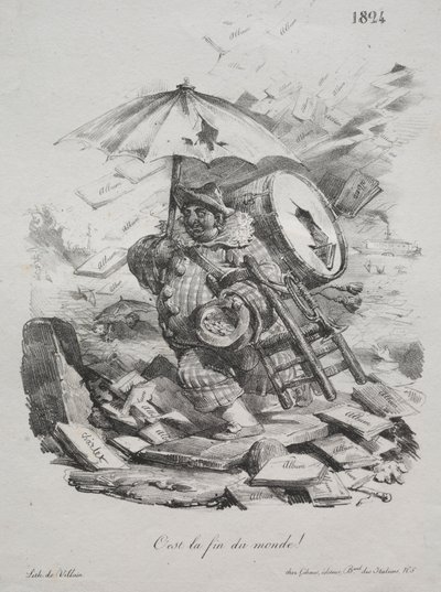 Lithografische schetsen: Het is het einde van de wereld! frontispice, 1824 door Nicolas Toussaint Charlet