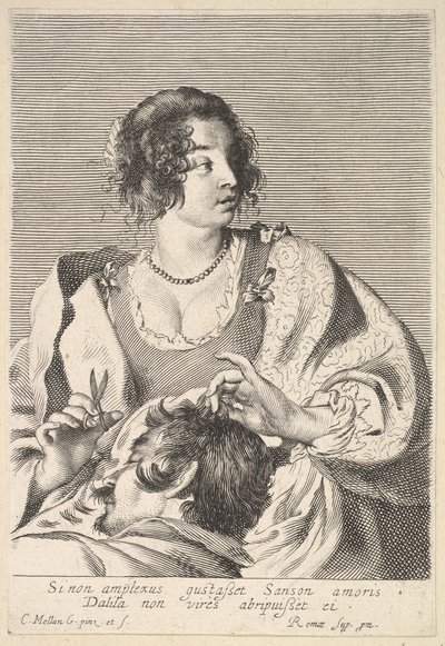 Delilah bereidt zich voor om Simsons haar te knippen met een schaar in haar rechterhand door Nicolas Viennot