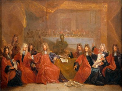 De reeve van de kooplieden en de raadsleden van de stad Parijs beraadslagen over de aanbieding van een feestmaal aan Lodewijk XIV ... door Nicolas de (workshop) Largilliere