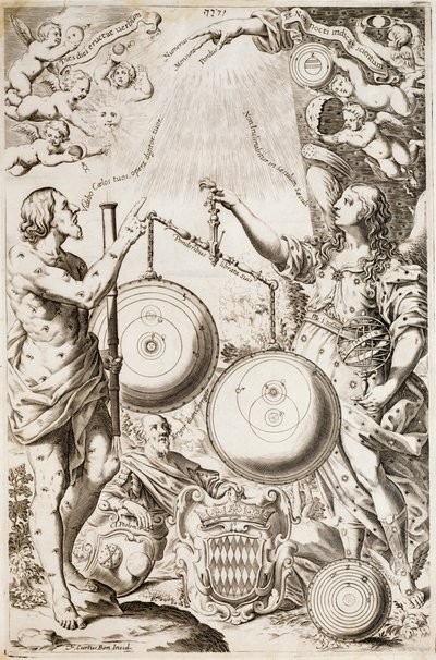 Tolomeo, zittend tussen allegorieën van Argo en Astrea, overpeinst diagrammen van kosmologieën getekend door Copernicus en Riccioli, illustratie uit Giovanni Battista Riccioli