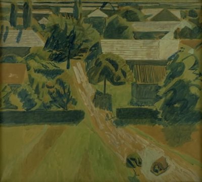Landschap met Huizen en een Weg, waar twee Mensen plat op de grond liggen door Niels Larsen Stevns