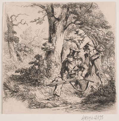Soldaten in een bos. Voorpostgevecht bij Vejle door Niels Simonsen