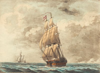 Een Deens oorlogsschip zeilend in de mist door Niels Truslew