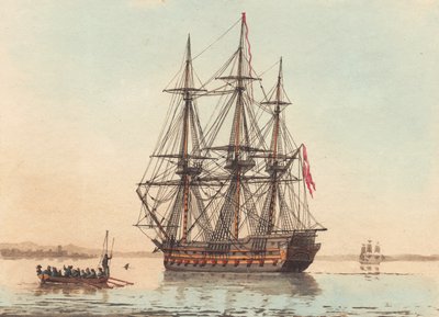Een Deens oorlogsschip voor anker in de vroege ochtend door Niels Truslew